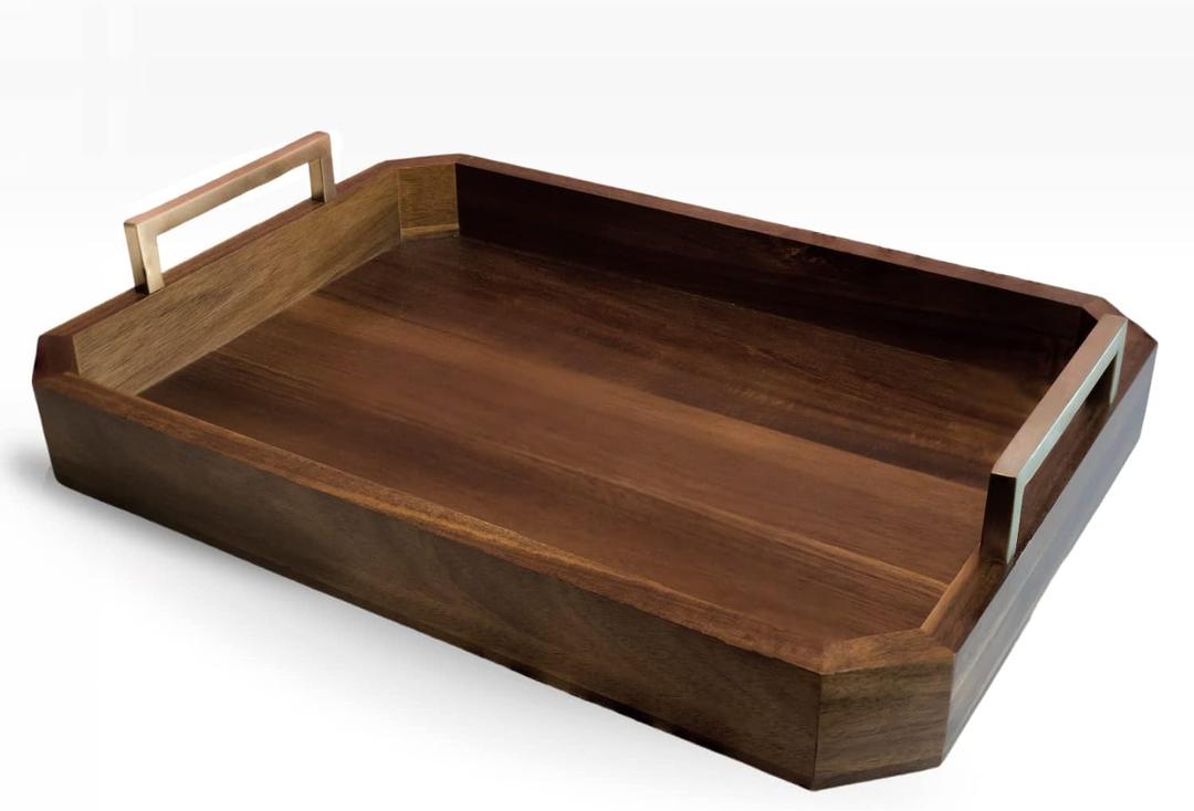 Decorative Acacia Wood Ottoman Tray - Coffee Table Tray - Breakfast, Party, Drinks, Snack, Liquor Serving Platter - Farmhouse to Modern - Brass Handles (Varnish)