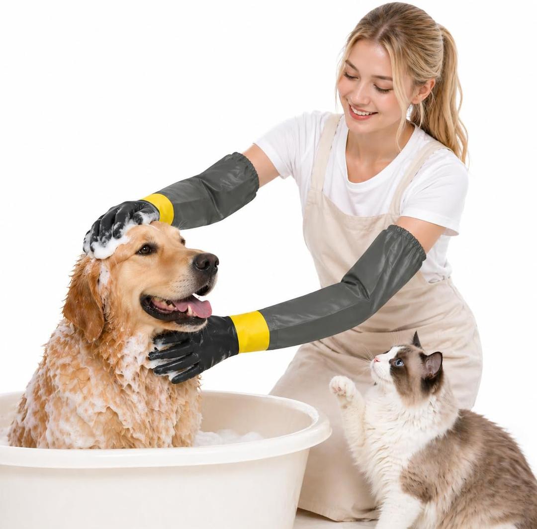 Thickened Pet Bathing Gloves with Waterproof Long Sleeves, 29.5 Inch Rubber Scratch Resistant Handling Gloves for Grooming, Puncture Proof Pet Supplies for Aggressive Cats, Small Dogs, Rabbits