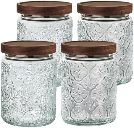 24 OZ Airtight Glass Storage Jar with Bamboo Lid - Vintage Glass Jar Vintage Food Containers Canisters Set for Kitchen Counter & Pantry - Ideal for Sugar, Flour, Coffee, Tea, Candy, Oats -4 Pack