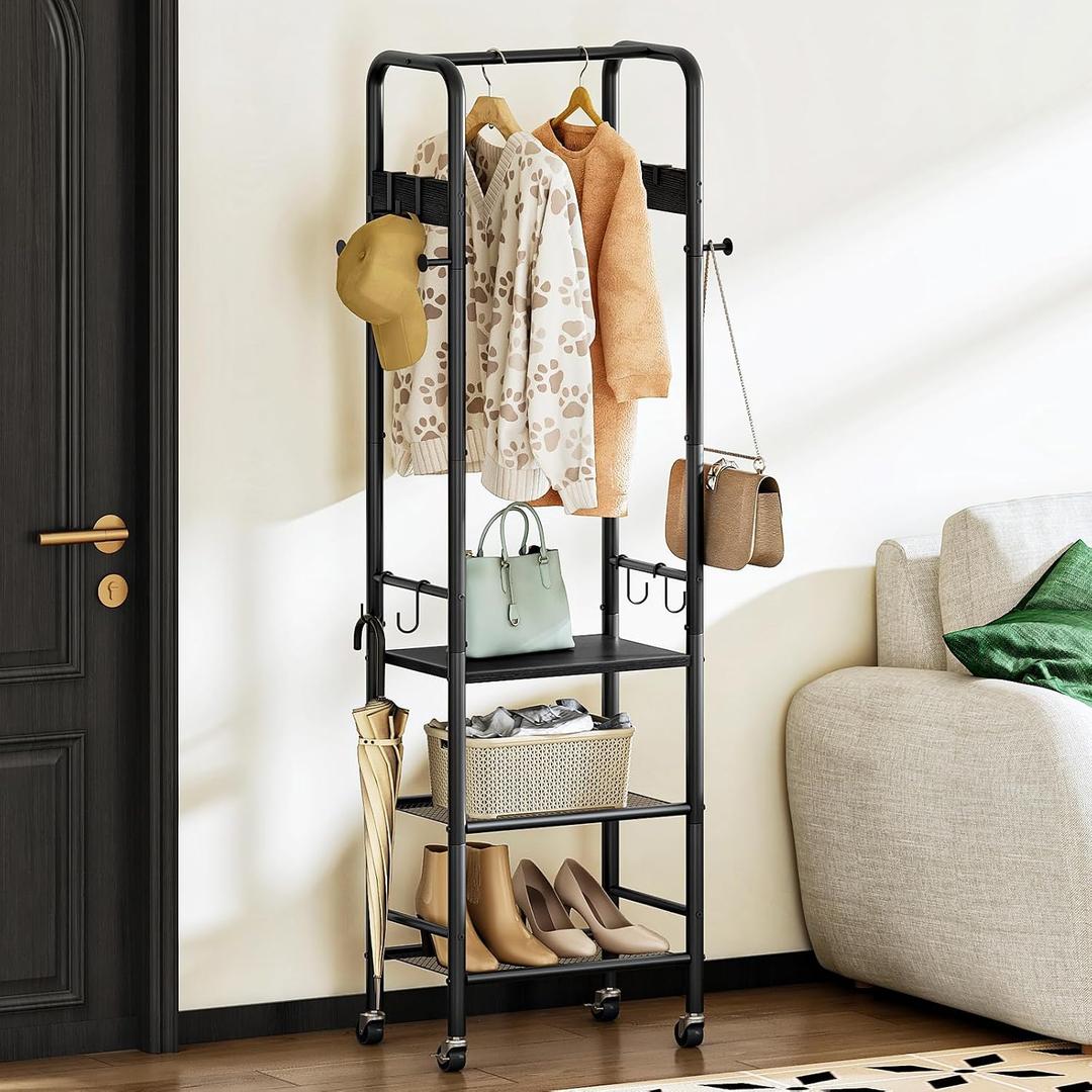 CHOEZON Coat Rack, Freestanding Coat Rack with 3 Shelves, Rolling Garment Rack with Wheels and Hooks, Coat Hanger Stand, Clothes Rack, Hanging Rod, for Entryway, Bedroom, Living Room, Black TYM17BB