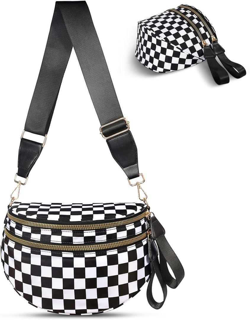 Checkered Crossbody Bag,Nylon Bum Bags for Women Crossbody,Spacious Sling Bag Purse Fanny Packs with Shoulder Strap (Blackwhite)