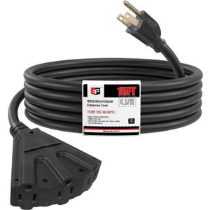 EP 15 Ft Outdoor Extension Cord with 3 Electrical Power Outlets - 16/3 SJTW Black Cable with 3 Prong Grounded Plug for Safety Great for Christmas Lights, Garden and Major Appliances