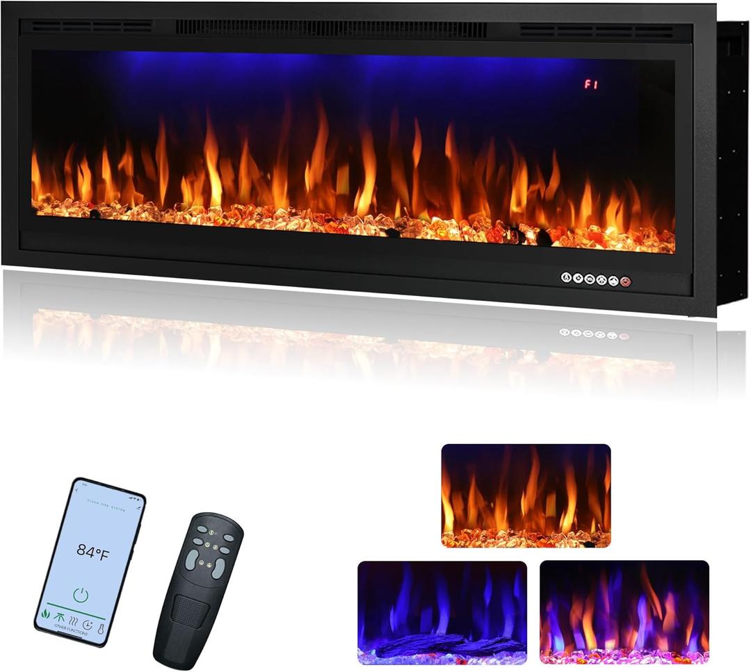 Rodalflame 42" WiFi-Enabled Electric Fireplace Insert, APP Smart Control, Wall Mounted&Recessed Linear Fireplace Heater with Thermostat, Flame&Top Lights, Log&Crystal, Timer