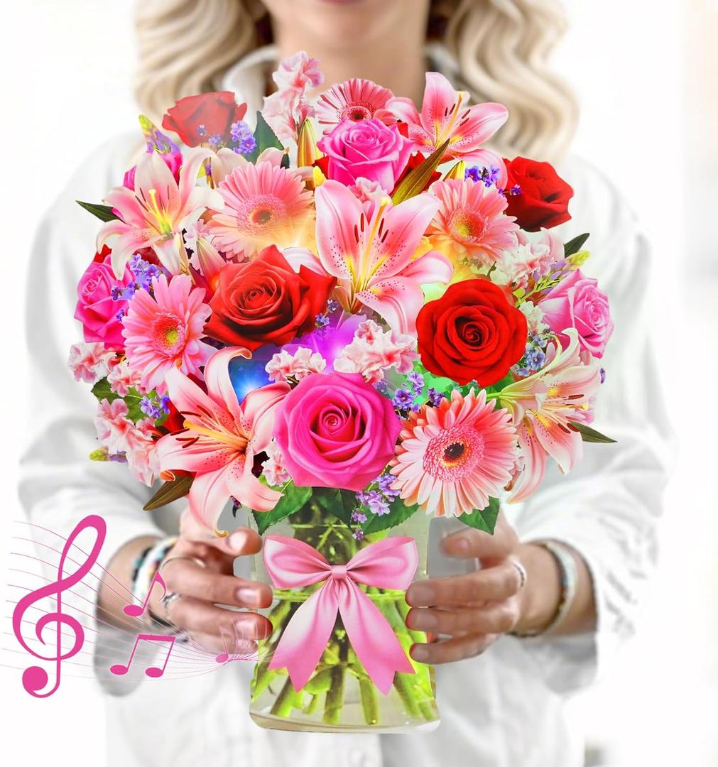 XTF2015 Flower Bouquet Birthday Cards with MUSIC & LIGHTS, Happy Birthday Cards, Lily Daisy Carnations, Anniversary Card, Paper 3D Pop Up Bouquet Greeting Card Gift for Mom Wife Women