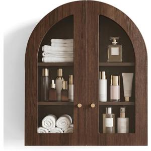 Arched Wall Cabinet, Bathroom Cabinet Wall Mount with Glass Doors & Adjustable Shelf, Floating Medicine Cabinet for Bathroom, Kitchen, Living Room Storage, Walnut