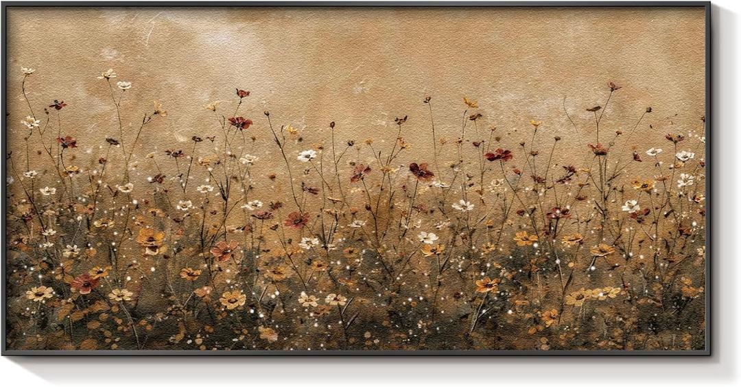 HUARCEY Metal Framed Textured Sandstone Wildflower Wall Art, Vintage Floral Landscape Wall Decor for Living Room Bedroom Office Bathroom, Nature Flower Oil Painting Prints Decorations 20"X40"