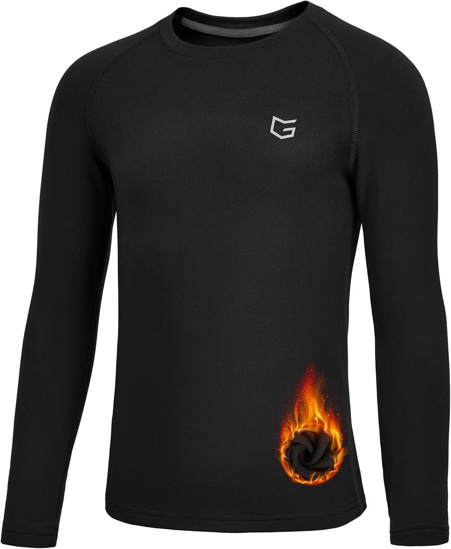 G Gradual Youth Boys Compression Thermal Shirt Long Sleeve Fleece Undershirt for Boy Football Baseball Soccer Base Layer(Black, L)
