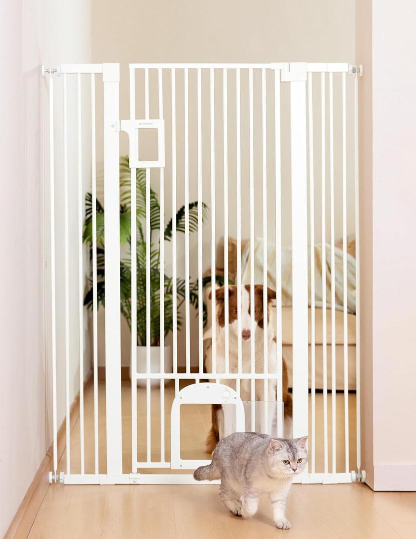 No Pawblems 55" Extra Tall Pet Gate with Adjustable Cat Door, 29-43" Auto Close Tall Dog Gate, NO Drilling Pressure Mounted for Doorways/Hallways, 1.37" Narrow Bar Spacing, White