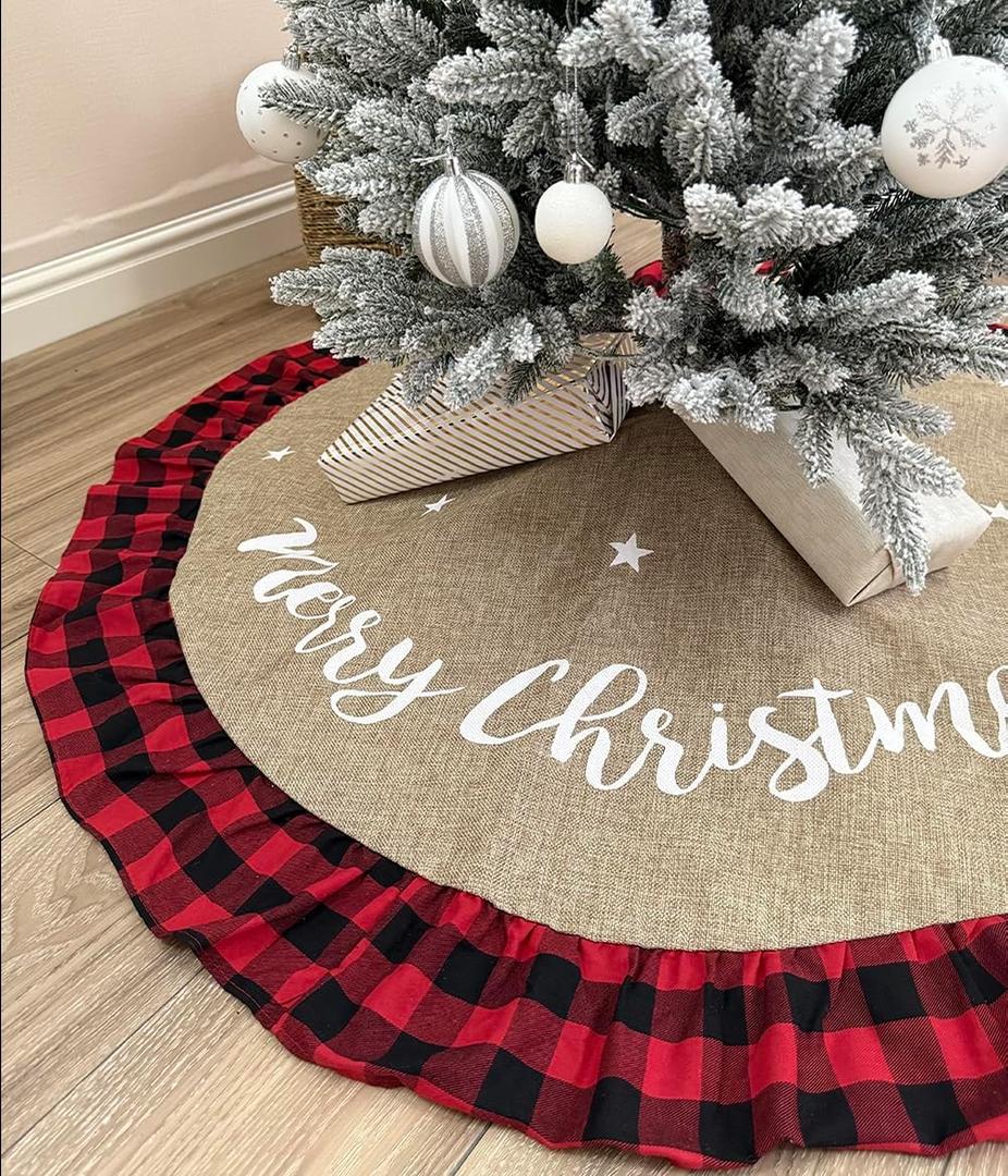 AISENO 48 Inch Christmas Tree Skirt Linen Burlap Buffalo Plaid Edge Decoration for Merry Christmas Party Red and Black Buffalo Christmas Tree Skirt Decorations