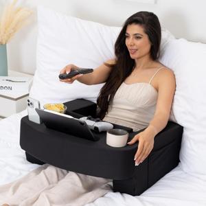 Reading Pillow for Gaming – Extra Large Lap Desk & Arm Rest with Cup & Phone Holder, Adjustable Heights, Laptop Support, Large Pockets – Comfortable for Work, Gaming & Crocheting (Black)