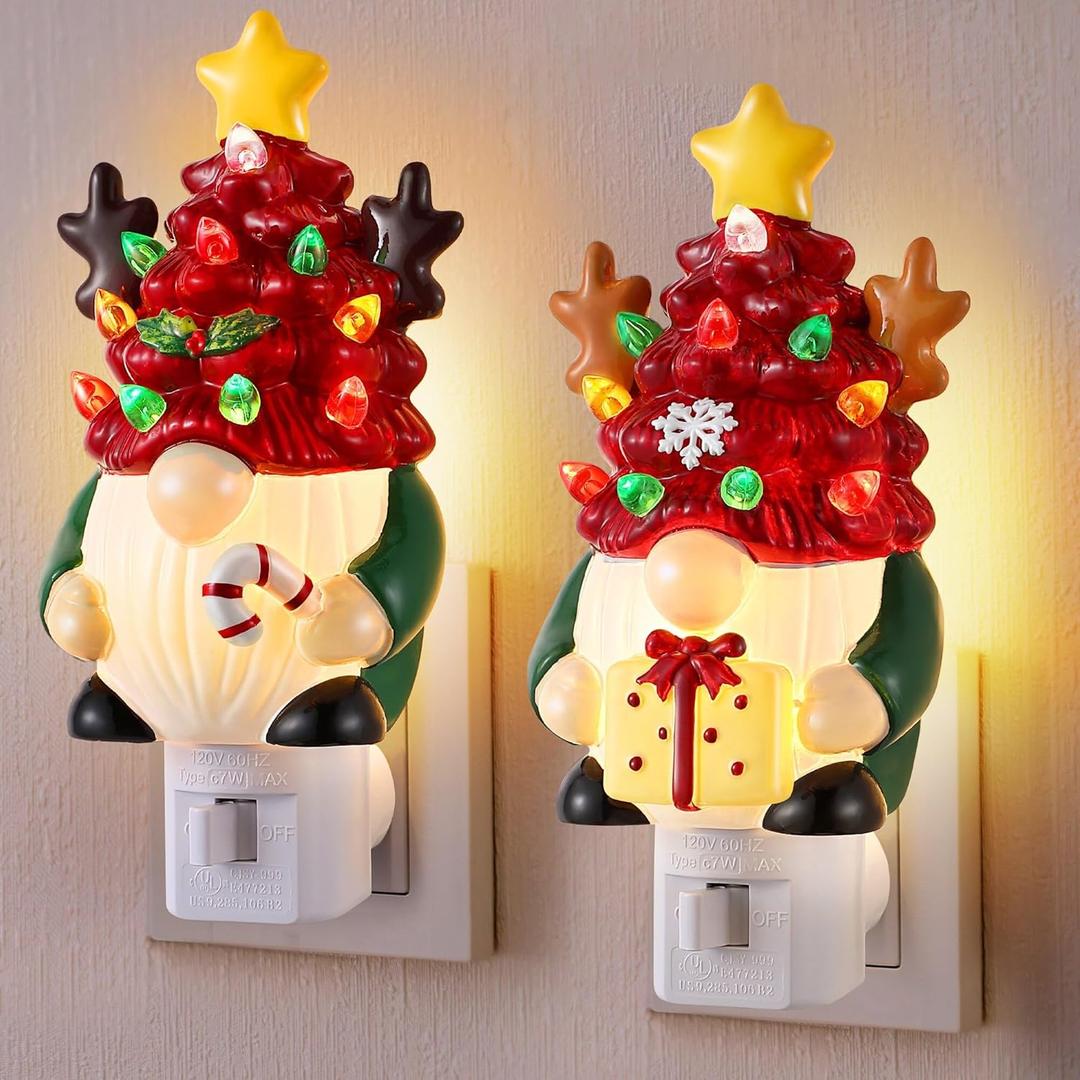 2 Pack Gnomes Christmas Tree Night Light, Christmas Decorative, Multicolor Bulbs and 360 Degree Swivel Plug with ON/Off Switch, Night Lights Plug into Wall for Bedroom Bathroom Porch Holiday Decor