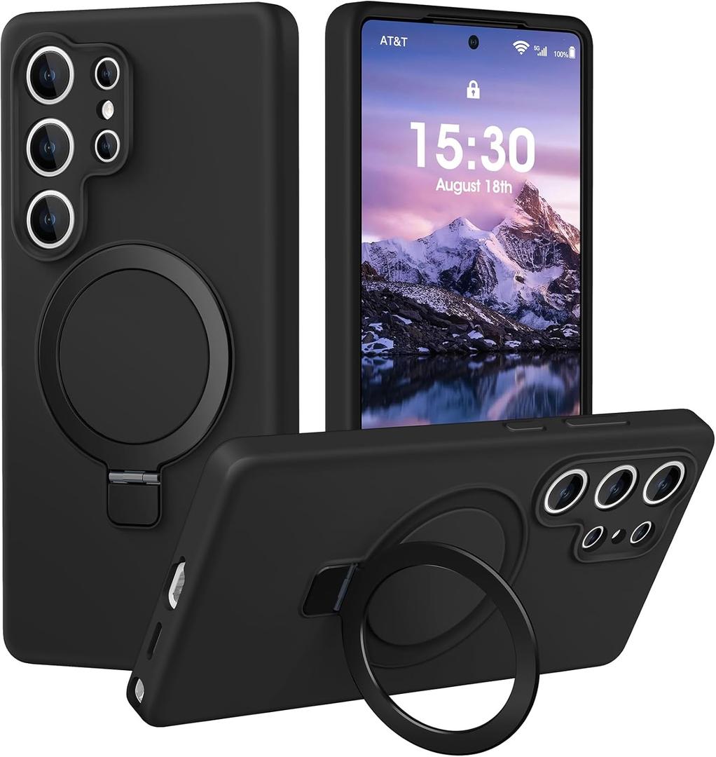 Liquid Silicone Case for Samsung Galaxy S25 Ultra with Magnetic Stand, Mil-Grade Drop Shockproof, Full Camera Protection Anti-Scratch Microfiber Lining Silicone Phone case, Black