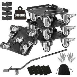 Heavy Duty 3000LBS Furniture Dolly & Movers with 5 Wheels & Brake - 360° Rotating Moving Dolly for Furniture, Piano, Appliances - 6.4 Inch Non-Slip Sliders, Black
