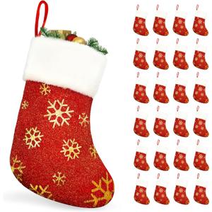SYITCUN 24pcs Mini Christmas Stockings, 9 Christmas Stockings Bulk with Golden Snowflakes, Red Small Stockings with Sparkling Surface, Perfect for Xmas Fireplace Staircase Decoration
