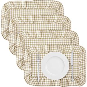 Frienda Set of 4 Light Brown Gingham Plaid Scalloped Placemat with Ruffle, 13.8x17.7 Inch Washable Machine Cotton Rectangle Table Mats for Dining Restaurant Kitchen Table Home Decor