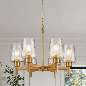 6-Light Gold Chandelier, Light Fixture with Hammered Glass Shade | Adjustable Height, for Dining Living Room Entryway Foyer Bedroom Kitchen