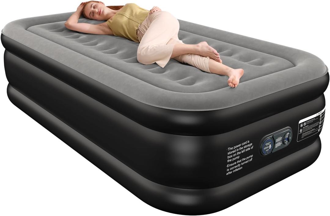 Air Mattress 18", Twin Air Bed with Soft Flocked Top and Portable Carry Bag, Twin Air Mattress with Built in Pump Raised for Guest, Office, Camping (Black)