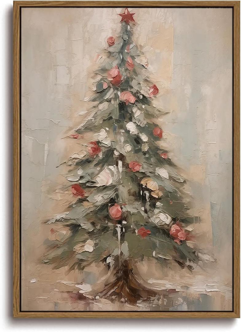 KISSFOX Vintage Christmas Tree Framed Wall Art Snowy Canvas Art Rustic Winter Christmas Tree Paintings Art Prints Modern Farmhouse Pictures Wall Decor For Kitchen Bedroom Living Room (16x24 in)
