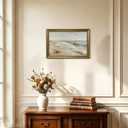 Large Vintage Gold Framed Coastal Wall Art, Neutral Seascape Canvas Prints, Serene Ocean Beach Landscape Painting Picture, Aesthetic Nature Artwork for Living Room, 16x24 Inch