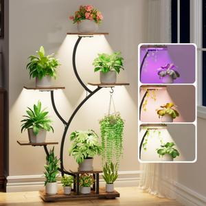 Yzosvki Plant Stand Indoor with Grow Lights, 7 Tiered Large Plant Shelf Flower Stand, Tall Plant Shelves, Rustic Brown