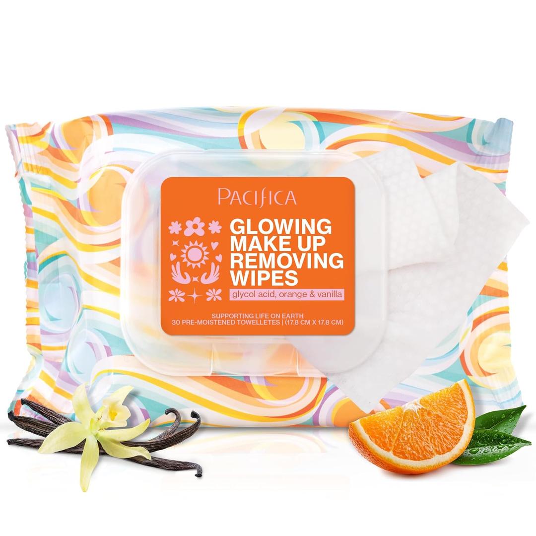 3 x Pacifica Glowing Makeup Remover Wipes With Glycolic Acid for AHA Exfoliating and Facial Cleansing No Rinse Face Cleaning Towelettes Dermatologist Tested, Vegan & Cruelty-Free 30 Pack