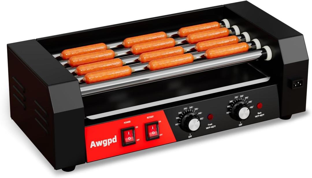 Hot Dog Roller 5 Rollers 12 Hot Dogs Capacity, 750W Stainless Commercial Sausage Grill Cooker Machine with Dual Temp Control,Removable Drip Tray for Party Home Commercial (5 Roller)