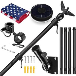 LETSTRY 5FT Flag Pole Kit for Outside House with American Flag & Solar Light,1" Thickened Stainless Steel Wall Mount Flagpole with 180°Adjustable Bracket for Residential Outdoor Porch, Black