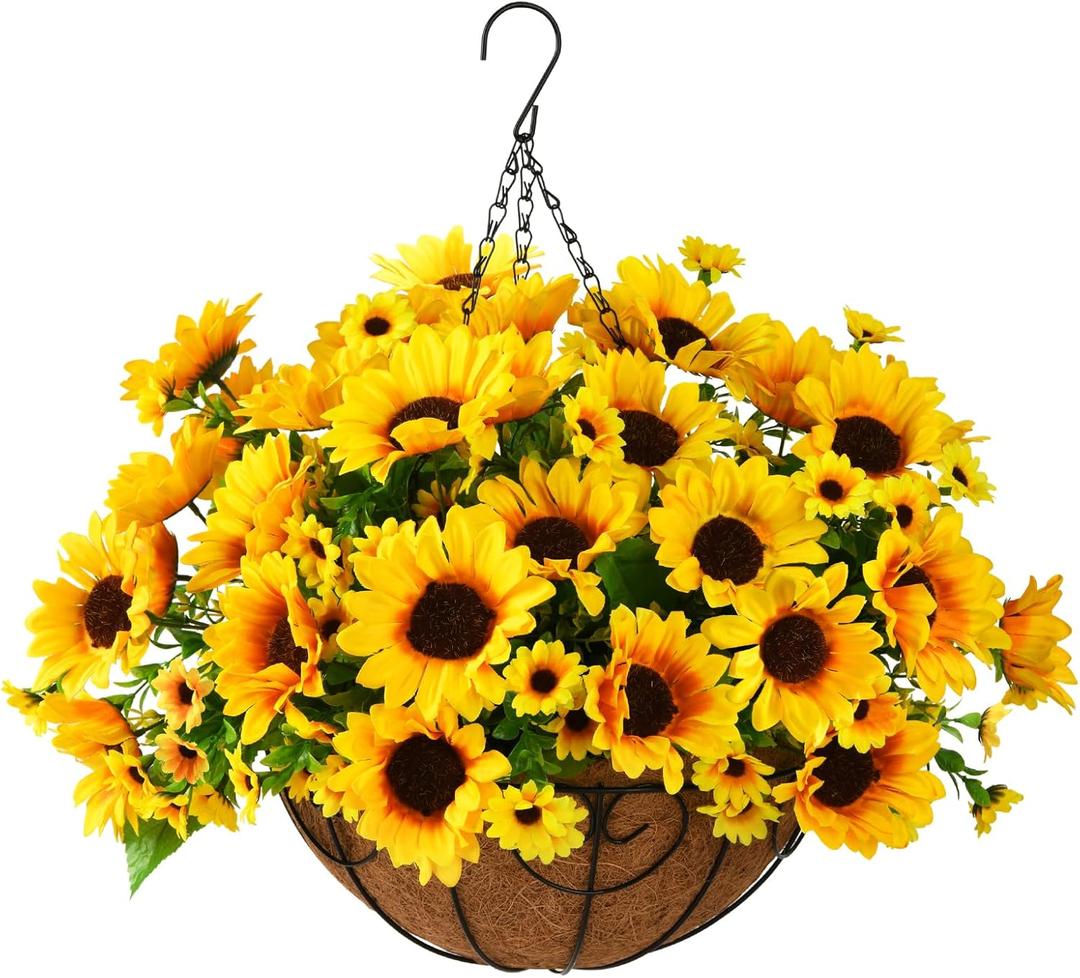 Homsunny Artificial Sunflowers Fake Hanging Flowers Plants Baskets for Outdoor Summer Decoration, Faux Silk Flowers Look Real UV Resistant for Porch Patio Garden Autumn Home Decor
