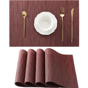 Leetaltree Burgundy Placemats Set of 4 - Heat Resistant Non-Slip Place mats for Dining Table, Washable Durable PVC Vinyl Woven Table MatsBurgundy, 4