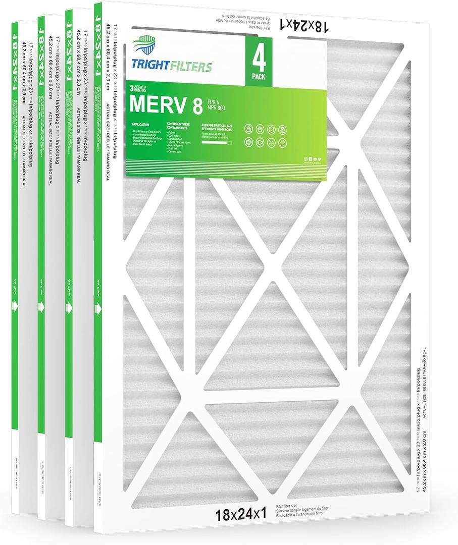 18x24x1 Air Filter 4 Pack, MERV 8 Pleated Dust Defense Air Filters Replacement for Air Conditioner & Furnace, Durable & Lightweight