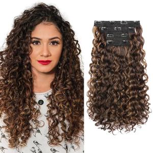 REECHO Curly Hair Extensions - 4PCS 18" GoGo Curly Clip in Hair Extensions 100% Super Protein Hairpieces with Invisible Lace Weft Silky Natural Look for Women - Chocolate Brown with Golden Highlights