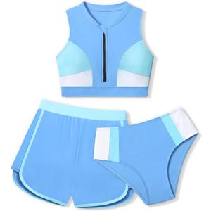 Girls Swimsuit 3 Piece Color Block Zipper Front Bathing Suit Bikini Set with Shorts Sporty Girls' Swimwear 7-16 Years