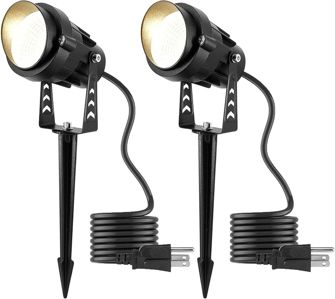 Warm White Spot lights Outdoor, 12W 3000K Landscape Spot Lights, IP65 Waterproof Garden Lighting, Metal Case COB LED Lights for Lawn Lamp US 3- Plug Yard Christmas Decoration with Stakes(2 Pack)