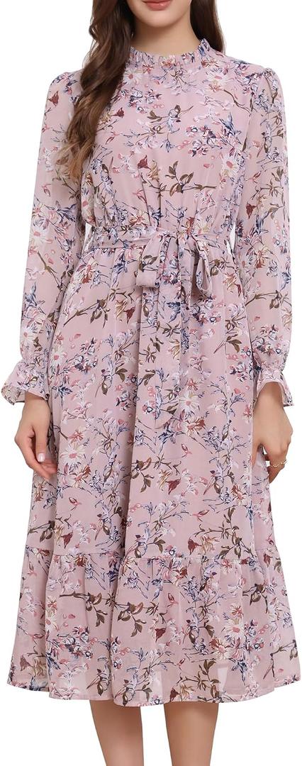 Allegra K Fall Casual Floral Dress for Women 2025 Long Sleeve Crew Neck Chiffon Midi Tea Party Ruffle Dresses, L