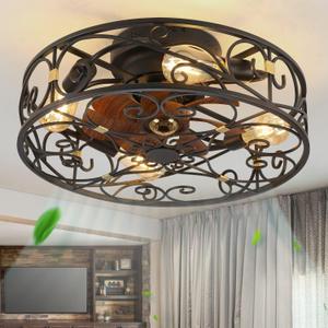 20" Caged Ceiling Fans with Lights and Remote, Bladeless Ceiling Fan 6 Speed Reversible with 4 Bulbs and Remote Control, Flush Mount Caged Ceiling Fan for Bedroom, Living Room, (Include Bulbs)