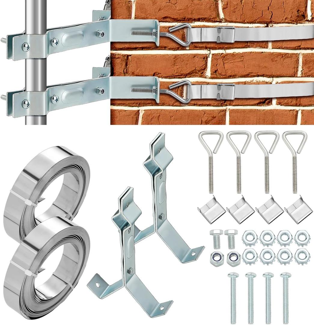 MorningRo 2 Set TV Antenna Chimney Y-Mount Kit 18ft Stainless Steel Straps 4 Inch Standoff Pole Steel Galvanized Mast Bracket Wall Mounting Heavy Duty for Cb Ham Home Outdoor Weather Station