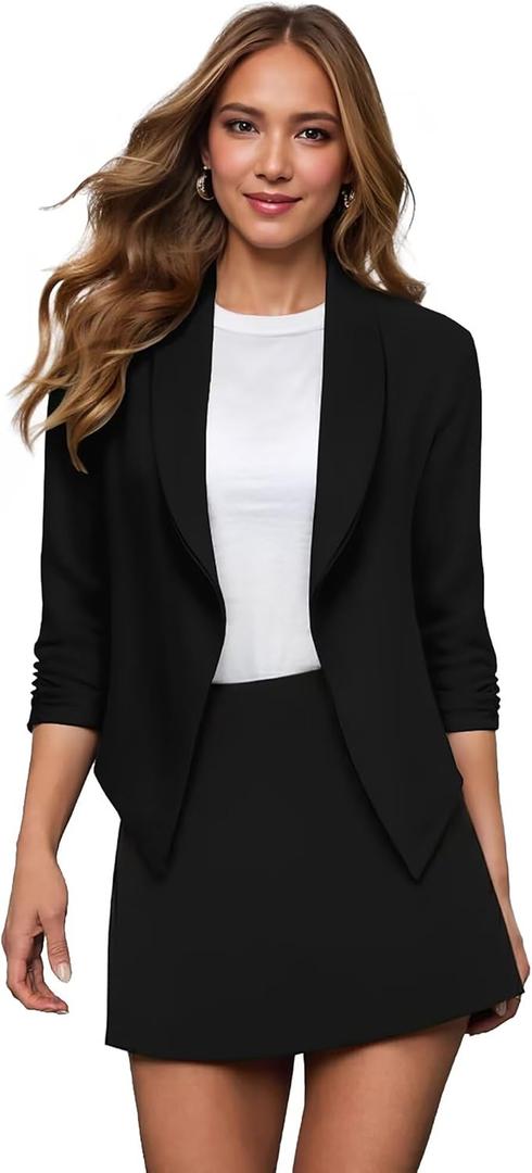 Hybrid & Company Lightweight Open Front Cardigan Classic Ruched Sleeve Work Office Blazer Suit Jackets (X-Large, Black)