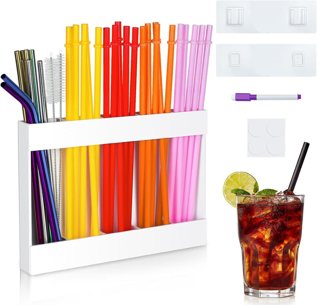 Acrylic Straw Holder for Cabinet Door, Cupboard Reusable Straw Organizer Container, Flexible Removable Drinking Straw Dispenser Storage Box for Kitchen Counter (white)