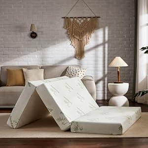 SINWEEK Memory Foam Folding Mattress with Storage Bag, 4 Inch Trifold Floor Foldable Mattress Topper, Guest Bed with Cooling Cover & Waterproof Lining