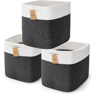 3Pack Cube Storage Bins, Square Storage Baskets for Christmas Decorative,Foldable Trunk organizer for Car,11 Inch Cotton Rope Woven Storage Basket for Organizing - Grey Baskets for Shelves,Camping (3PCS-White+Gray)