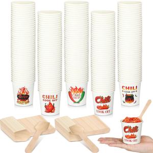 400 Pcs Chili Cook off Party Decorations Include 200 Disposable Sample Tasting Paper Cups and 200 Wooden Spoons for Chili Cook off Party Supplies(5 oz)