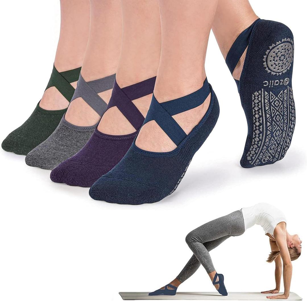 Ozaiic Pilates Socks for Women Non Slip Grip, Yoga Socks with Grippers for Barre, Hospital, Ballet, Dance, Barefoot Workout (One Size, 4 Pairs - Navy/D.gray/ D.green/D.purple)