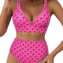 Herseas Women's 2 Piece Floral Print Bikini Sets V Neck Stitch Swimsuits High Waisted Bathing Suit Beach Summer Swimwear (Rose,XS)