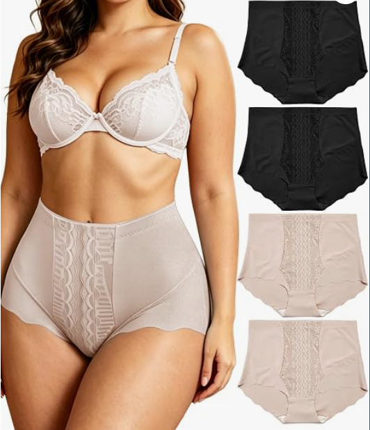 4Pack Women's High Waisted Underwear Moderate Tummy Control Shapewear Panties Stretch Lace Briefs for Women, 4XL