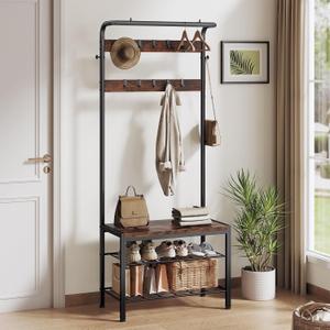 NEWBULIG Coat Rack, Hall Tree with Shoe Bench, 4-in-1 Entryway Organizer with 10 Hooks and Storage Shelf, Rustic Wood Entryway Bench for Mudroom, Living Room, Bedroom, Brown