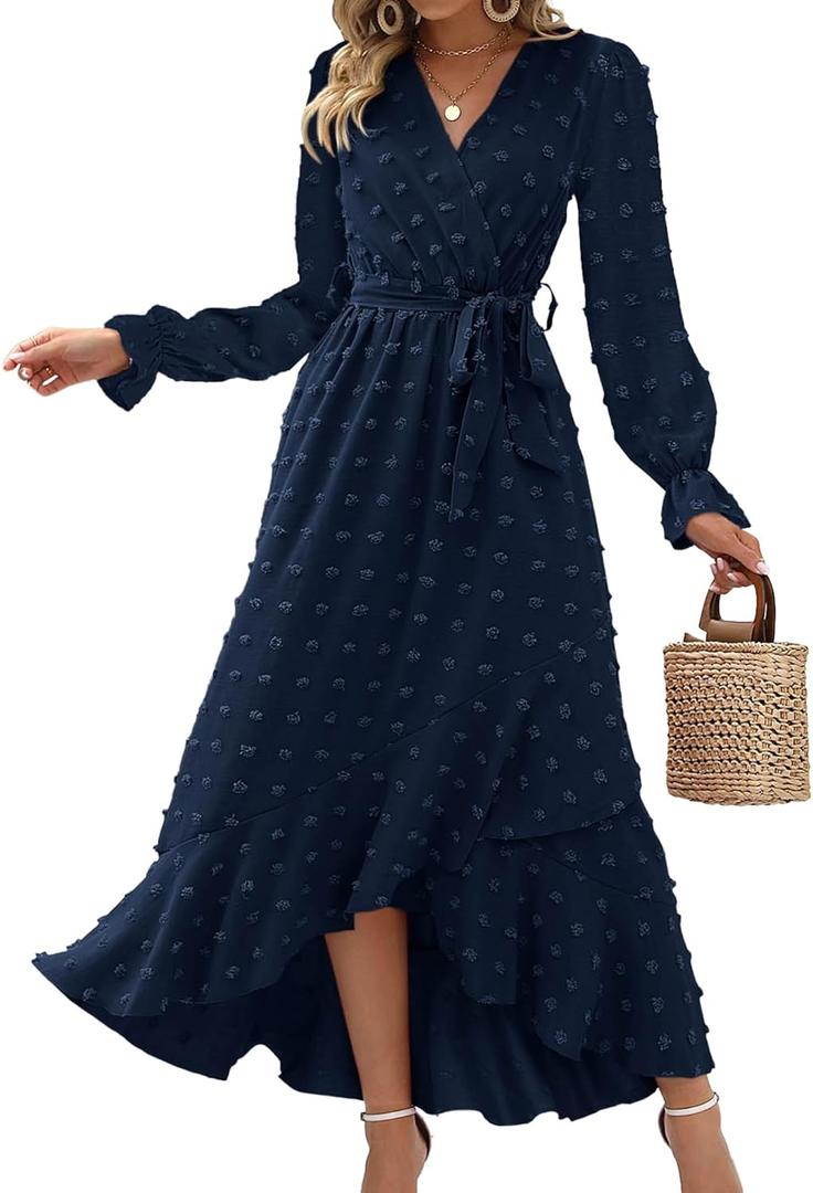 BTFBM Womens Boho Cocktail Maxi Dress Fall Fashion 2025 V Neck Long Sleeve Swiss Dot Flowy Slit Wedding Guest Dresses (Small)