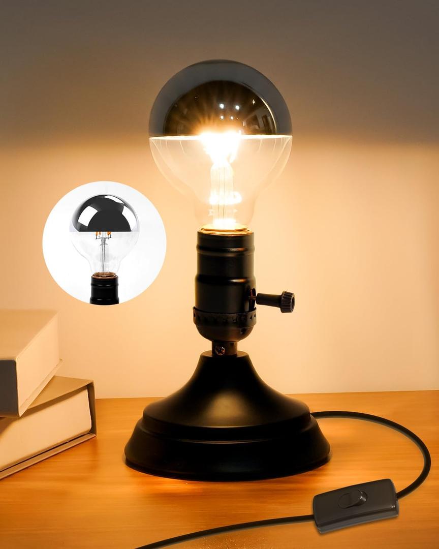 E26 Industrial Steampunk Table Lamp, Vintage Black Bedside Lamp with 4W G80 Silver Half Chrome LED Bulb, Retro Desk Lamp Base with Plug in Cord for Bedroom Office Living Room
