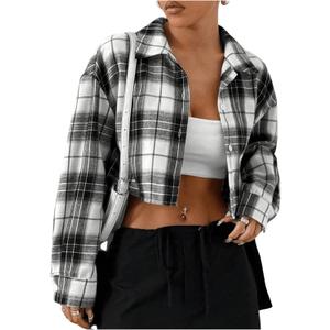 SweatyRocks Women's Cute Color Block Long Sleeve Crop Tops Plaid Button Down Blouse (XS)