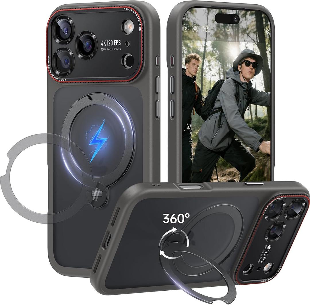 for iPhone 17 Pro Max Case: 360 Spin Magnetic Stand, Camera Protection (Compatible with MagSafe) [18FT Military Protection] Shockproof Matte Translucent Phone Cover for iPhone 17 Pro Max 6.9", Gray