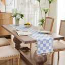Blue Checkered Table Runner with Tassel Farmhouse Rustic Vintage Cute Aesthetic Retro Cotton Linen Table Runner 72 Long for Dinning Race Party Decoration 13''x72''